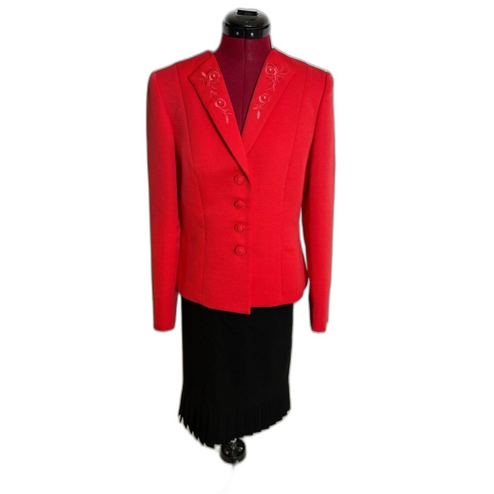 Tahari ASL Skirt Suit Size 8 Orange & Black Blazer & Skirt Beaded Collar